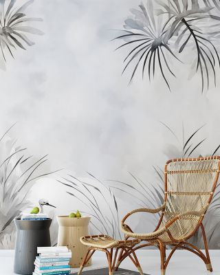 Cranes in a Field Gray Nature Wallpaper - Elegant Plant and Bird Design