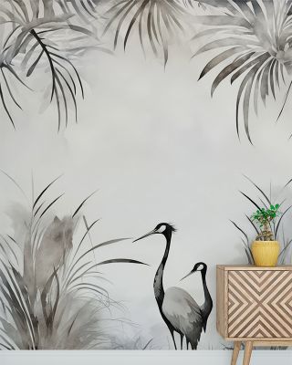 Cranes in a Field Gray Nature Wallpaper - Elegant Plant and Bird Design