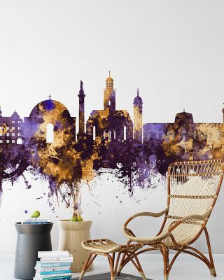 Darmstadt Skyline Purple & Gold Cityscape Wallpaper