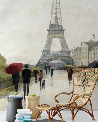 Romantic Eiffel in the Rain with Marsala Umbrella Wallpaper