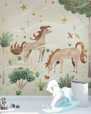 Enchanted Horses in Ecru Wallpaper