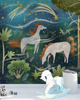 Enchanted Horses in Midnight Blue Wallpaper