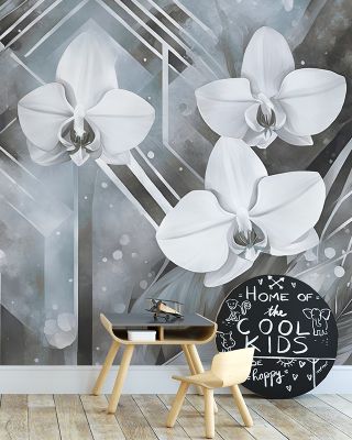 Geometry and Orchids Blue Wallpaper