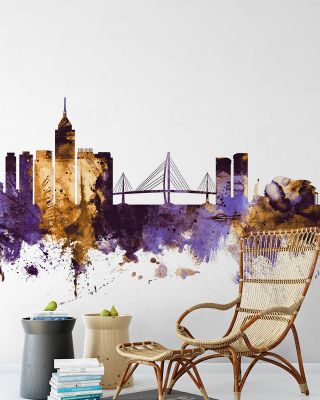Hong Kong Skyline Purple & Gold Wallpaper