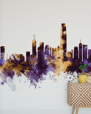 Hong Kong Skyline Purple & Gold Wallpaper
