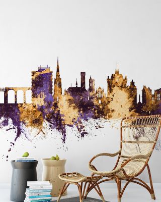 Huddersfield England Skyline Purple & Gold Wallpaper