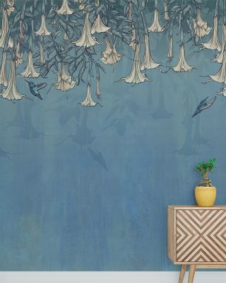 Hummingbirds and Trumpets Blue Floral Wallpaper
