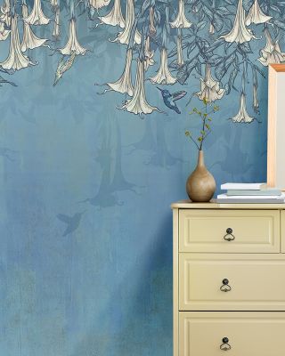 Hummingbirds and Trumpets Blue Floral Wallpaper