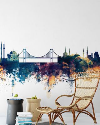 Istanbul Turkey Skyline Blue & Bronze Wallpaper