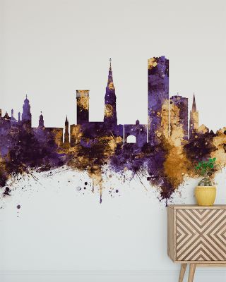 Leicester England Skyline Purple & Gold Wallpaper