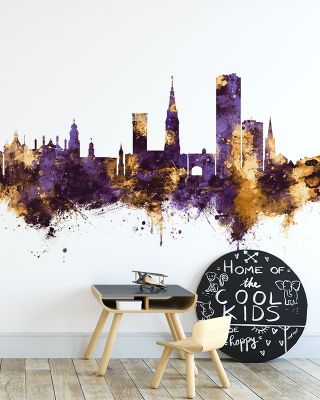 Leicester England Skyline Purple & Gold Wallpaper