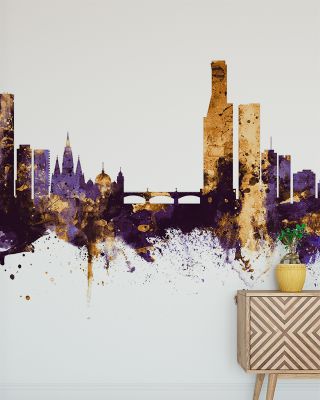 Melbourne Australia Skyline Purple & Gold Wallpaper