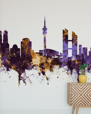 Munich Skyline Purple & Gold Wallpaper