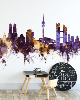 Munich Skyline Purple & Gold Wallpaper