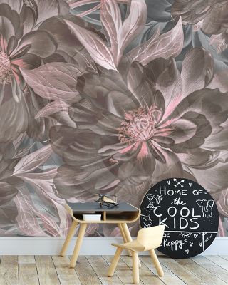 Peony Study - Ash and Pink Floral Wallpaper
