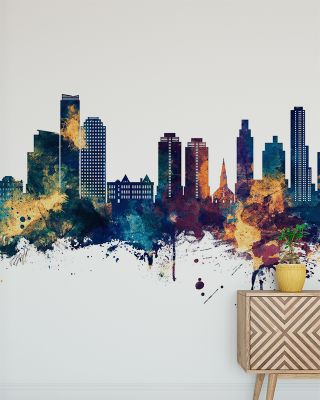 Queens New York Skyline Blue & Bronze Wallpaper