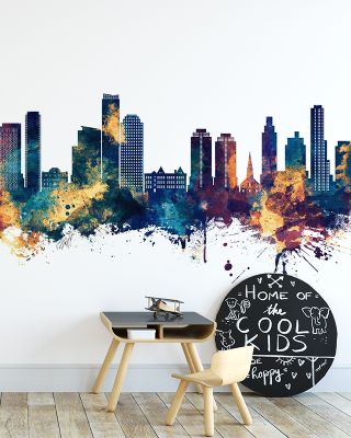 Queens New York Skyline Blue & Bronze Wallpaper