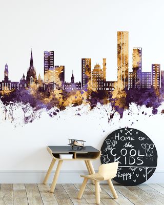 Salford England Skyline Purple & Gold Wallpaper