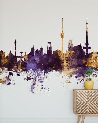 Stuttgart Germany Skyline Purple & Gold Wallpaper
