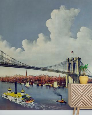 Vintage Illustration of East River Bridge, New York Wallpaper