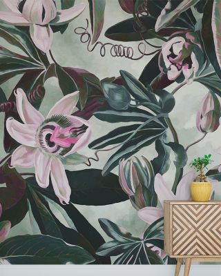 White Passiflora Bright Green Wallpaper