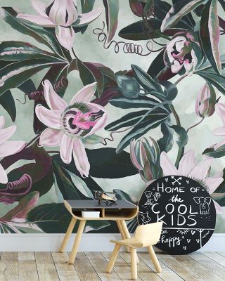 White Passiflora Bright Green Wallpaper