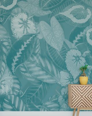 Tropical Leaf in Teal Wallpaper