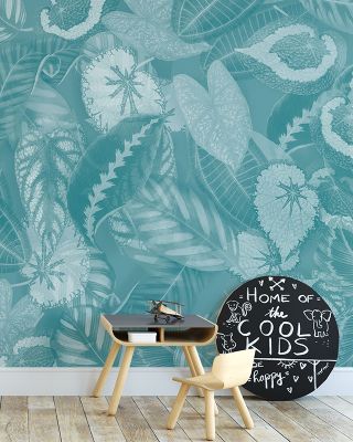 Tropical Leaf in Teal Wallpaper