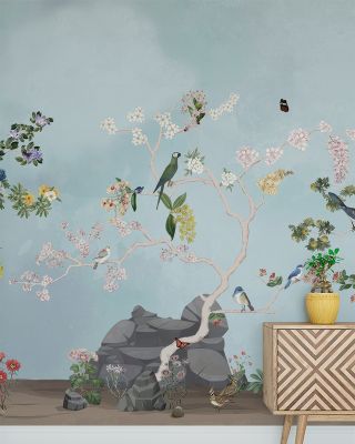 Birds in the Garden Blue Wallpaper