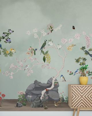 Birds in the Garden Mint Wallpaper