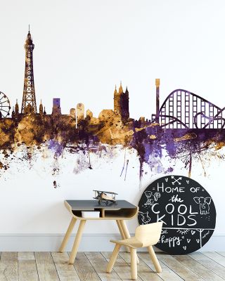Blackpool England Skyline Purple & Gold Wallpaper