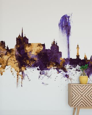 Geneva Switzerland Skyline Purple & Gold Wallpaper