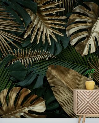 Gold and Green Tropical Forest Vibe Wallpaper