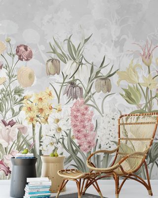Happy Spring Flowers Grey Wallpaper