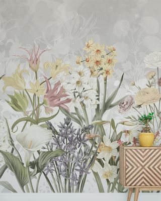 Happy Spring Flowers Grey Wallpaper