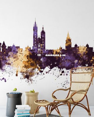 Krakow Skyline Purple & Gold Wallpaper