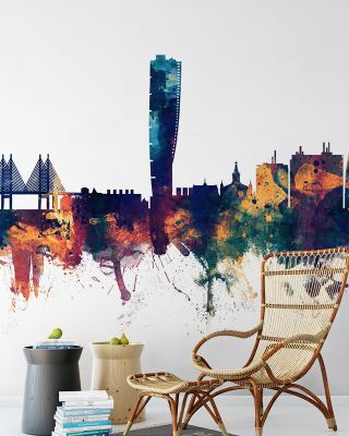 Malmö Sweden Skyline Blue & Bronze Wallpaper