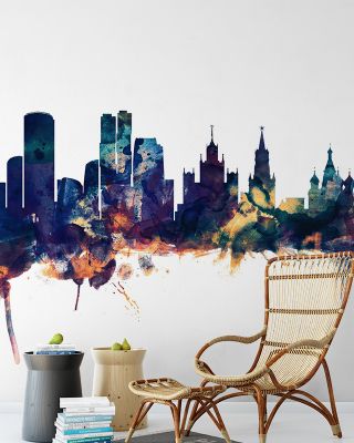 Moscow Russia Skyline Blue & Bronze Wallpaper