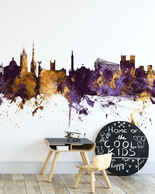 Newcastle England Skyline Purple & Gold Wallpaper
