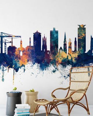 Plymouth England Skyline Blue & Bronze Wallpaper