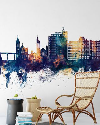 Portland Maine Skyline Blue & Bronze Wallpaper