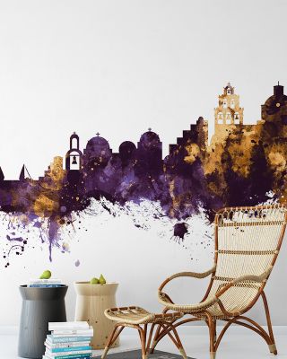 Santorini Skyline Purple & Gold Wallpaper