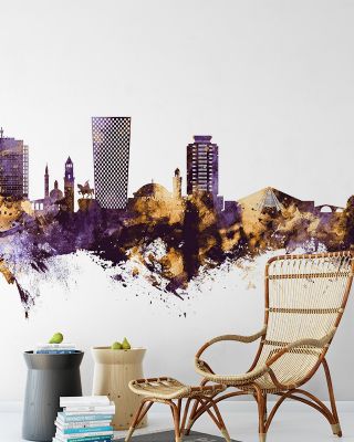 Tirana Skyline Purple & Gold Wallpaper