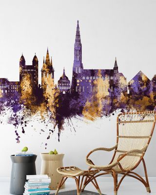 Ulm Germany Skyline Purple & Gold Wallpaper