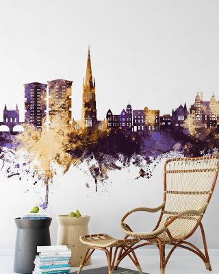 Wakefield England Skyline Purple & Gold Wallpaper