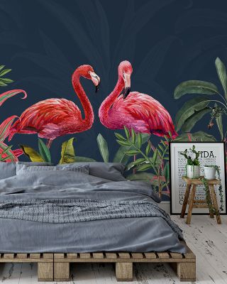 Shy Flamingos Blue Tropical Wallpaper