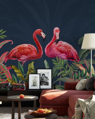 Shy Flamingos Blue Tropical Wallpaper