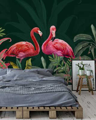Shy Flamingos Dark Green Jungle Wallpaper
