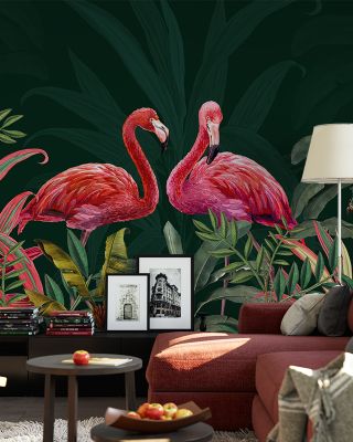 Shy Flamingos Dark Green Jungle Wallpaper