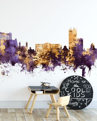 Athens Greece Skyline Purple & Gold Wallpaper